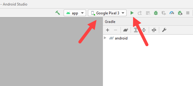 Screenshot of the Android Studio interface with arrows pointing to the Run button and the connected device.