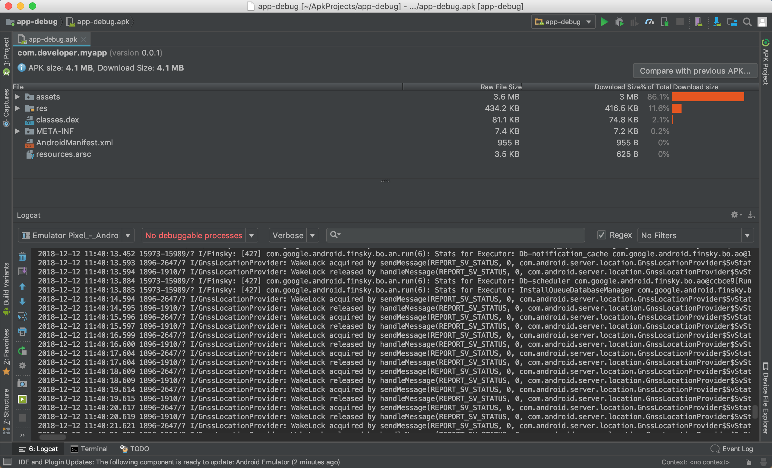 Screenshot of the Logcat window in Android Studio displaying logs from an Android device.