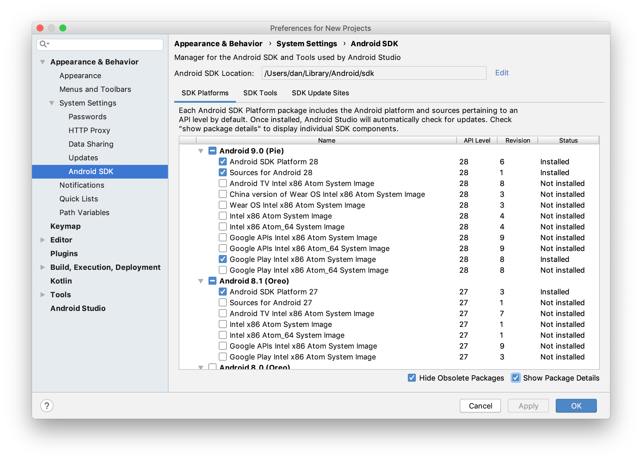 Screenshot of the Android Studio SDK Manager showing installed and available SDK packages.