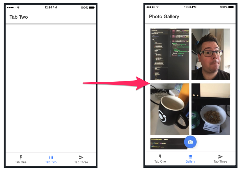 Screenshot showing the Ionic app&#39;s transformation from a blank &#39;Tab Two&#39; to a &#39;Photo Gallery&#39; with images.
