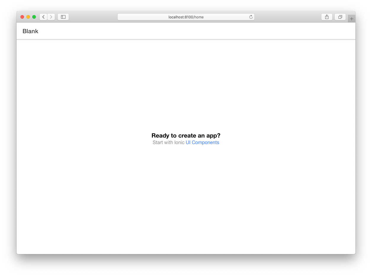Screenshot of a web browser displaying the Ionic Vue home route with a header titled &#39;Blank&#39; and a message &#39;Ready to create an app? Start with Ionic UI Components&#39;.