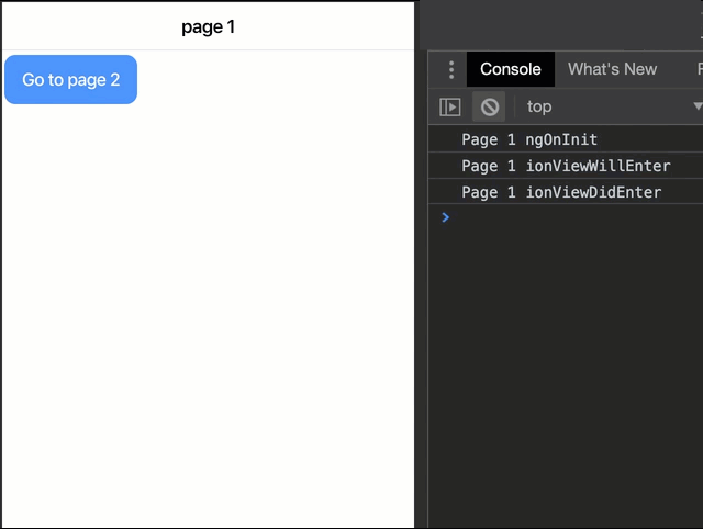 Animated sequence showing Ionic page life cycle events in a console log as a page transition occurs.