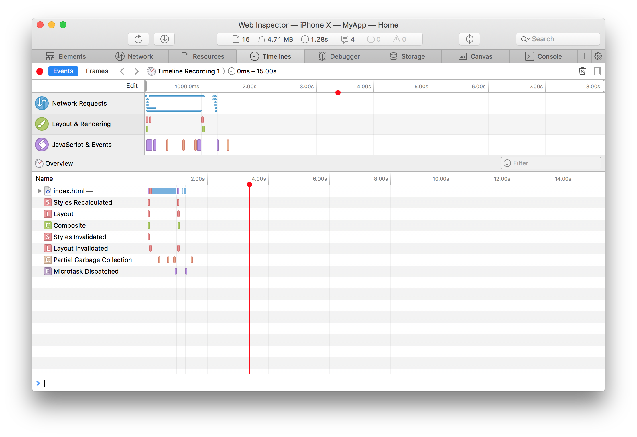 Safari Web Inspector window showing the Timelines tab for performance profiling of an iOS app.