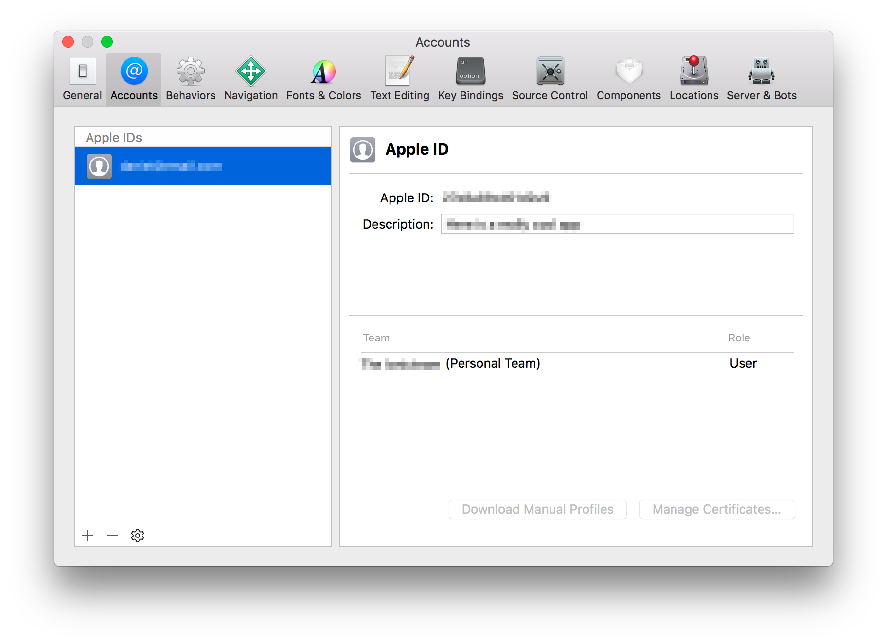 Screenshot of the Accounts section in Xcode Preferences showing an Apple ID and Personal Team.