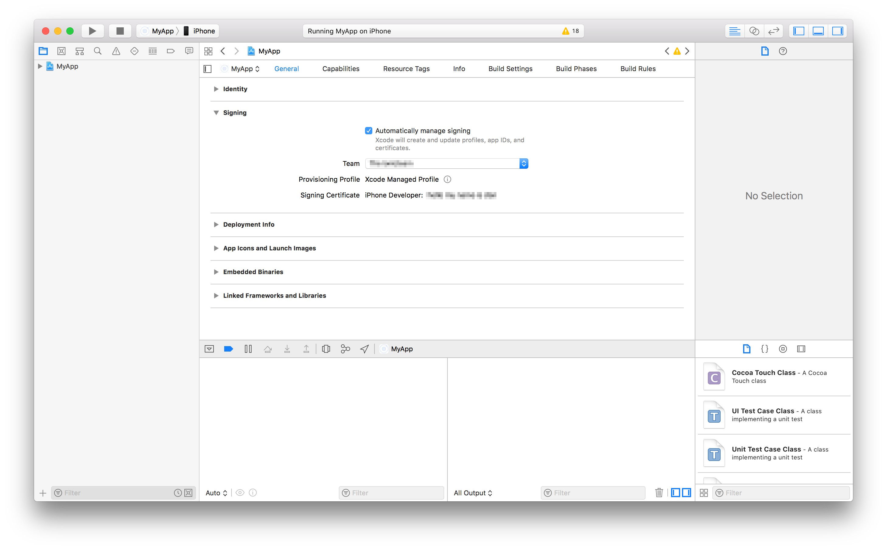 Screenshot of Xcode showing the Signing section with &#39;Automatically manage signing&#39; enabled and a Development Team selected.