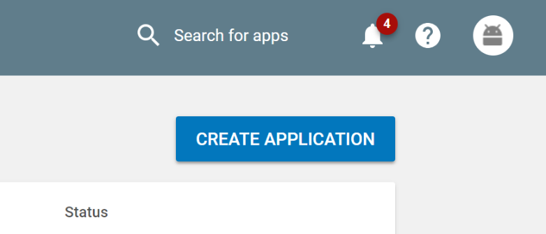 Screenshot of the Google Play Store Developer Console with the &#39;CREATE APPLICATION&#39; button highlighted.