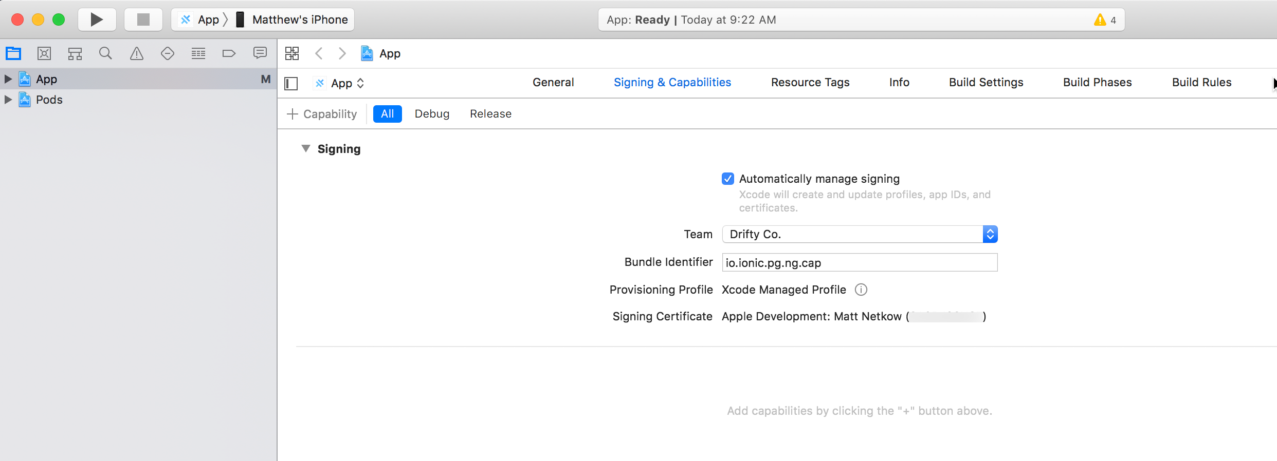 Screenshot of the Xcode interface displaying the Signing &amp; Capabilities tab for an iOS app project.